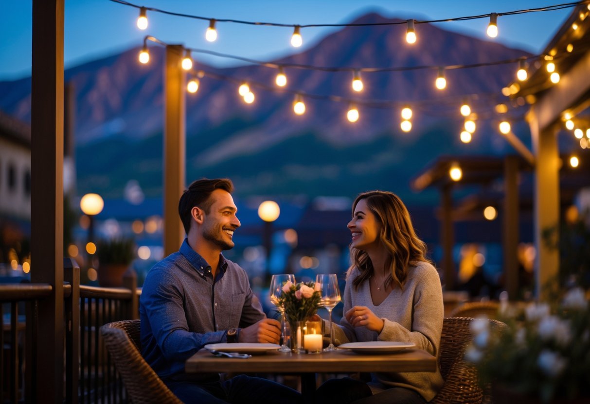 A couple enjoying an outdoor dinner at a restaurant patio with mountains in the background during sunset.