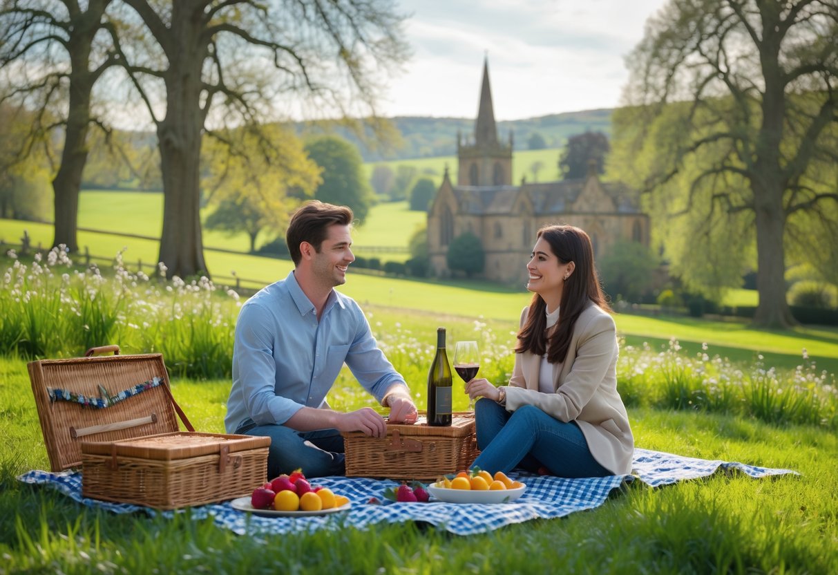 A young couple having a picnic on green grass in a park with trees and a historic building in the background.