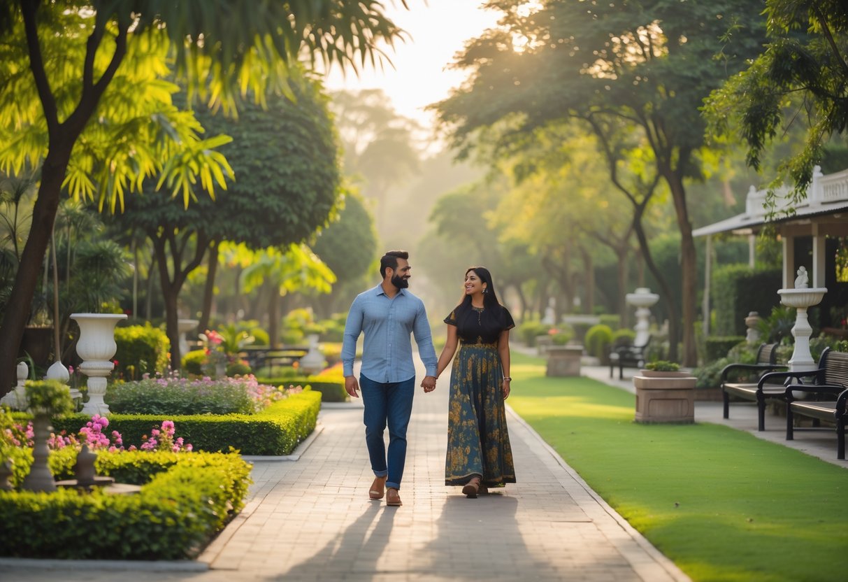 A couple walking along a garden path surrounded by green trees and flowers in Bal Vatika Garden.