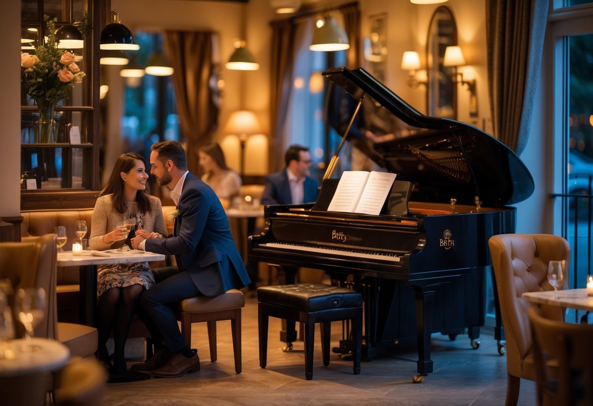 A couple enjoying live piano music in a warmly lit cafe in the evening.