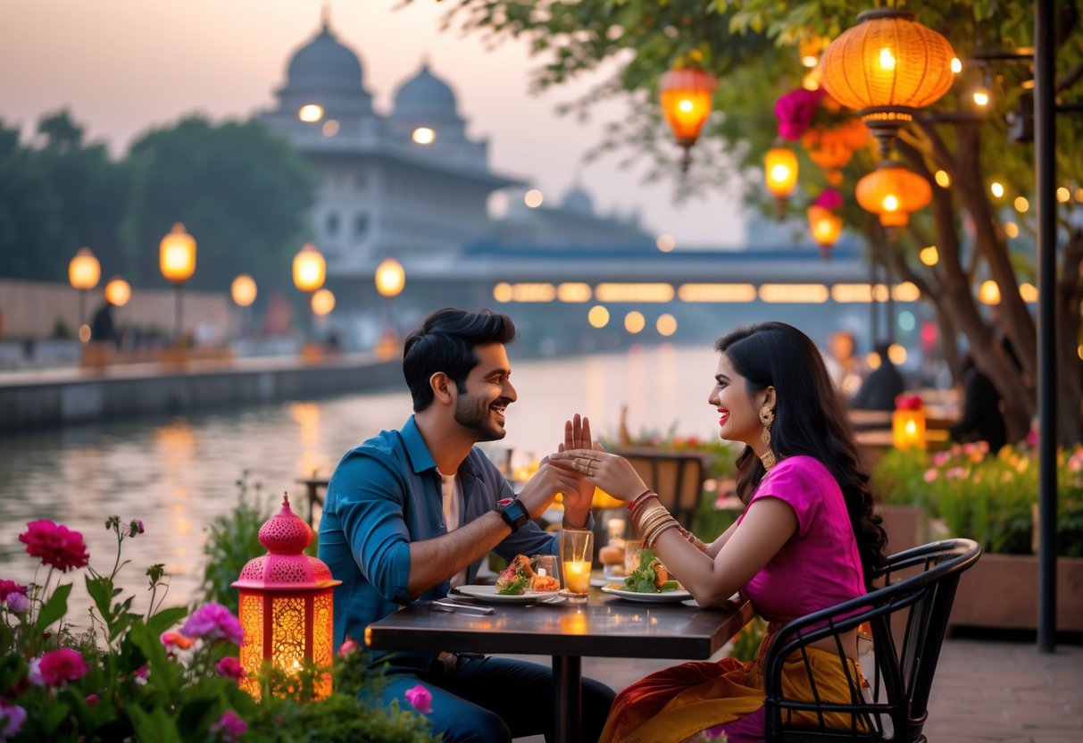 A couple enjoying a romantic outdoor date near a riverfront with city landmarks and greenery in the background.