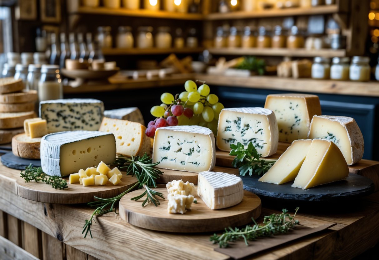 A deli counter displaying a variety of Yorkshire cheeses with bread, grapes, and herbs in a cozy setting.