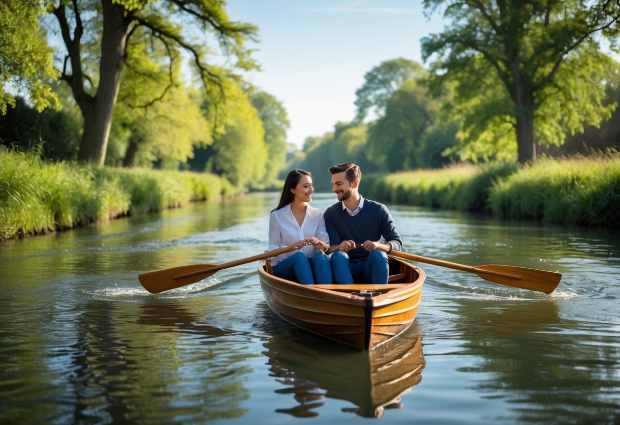 A couple rowing a wooden boat on a calm river surrounded by green trees.