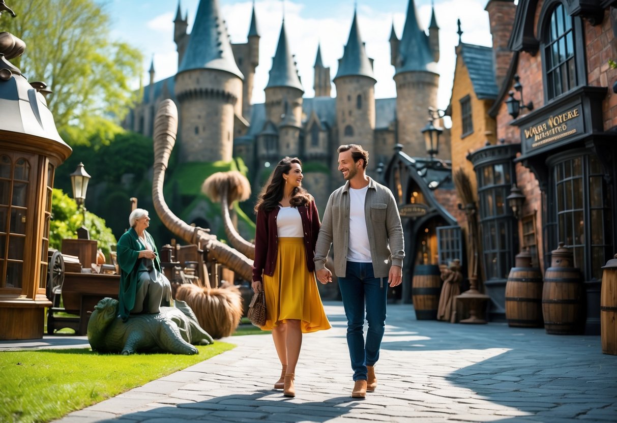 A couple walking hand-in-hand through a Harry Potter-themed set at Warner Bros. Studio Tour surrounded by props and greenery.