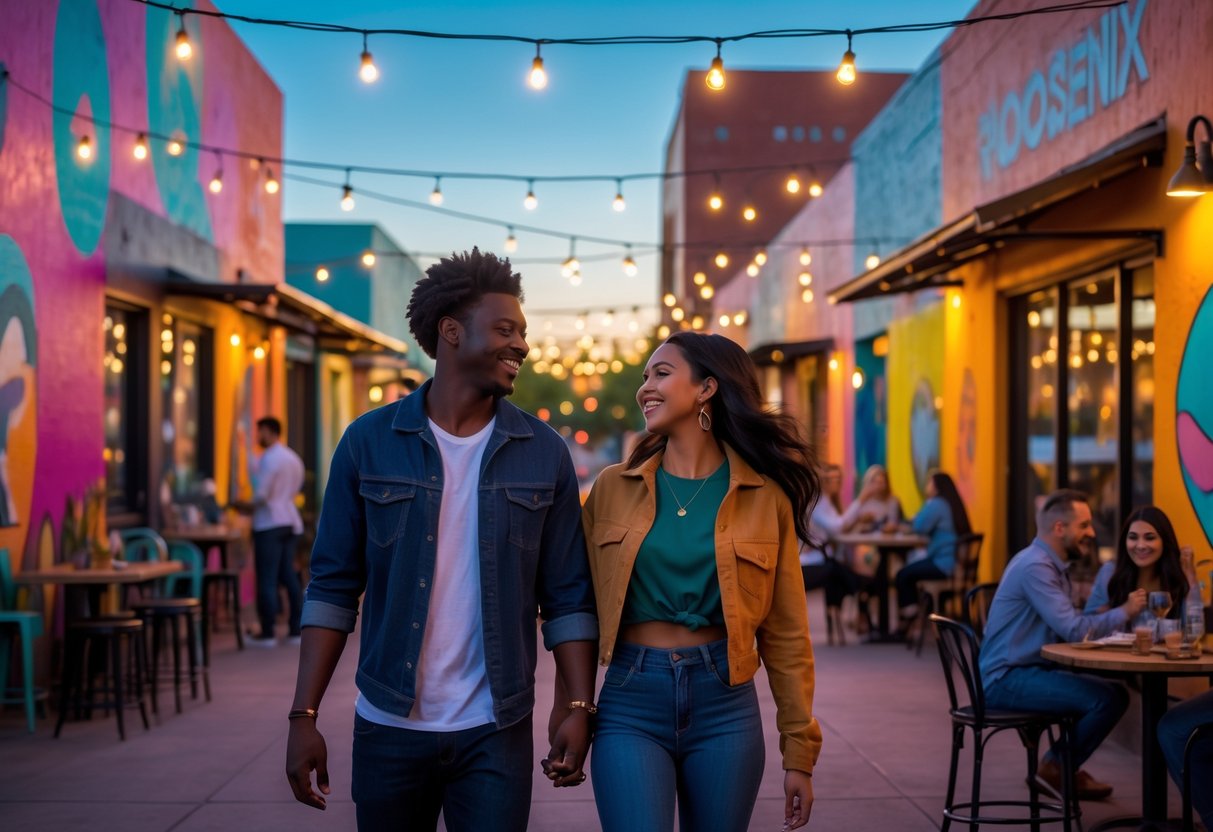 A young couple walking hand in hand through a colorful street in Roosevelt Row Arts District, Phoenix, surrounded by murals, street art, and outdoor café tables at sunset.