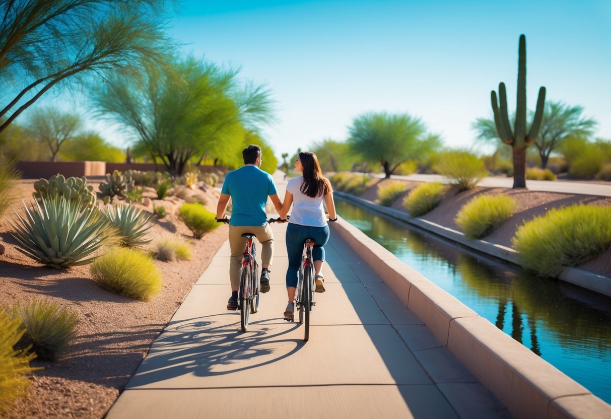 A young couple riding bicycles together on a paved trail beside a canal with desert plants and clear blue sky.