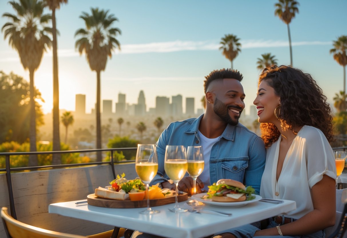 A couple enjoying a romantic date outdoors in Los Angeles with palm trees and a sunset skyline in the background.