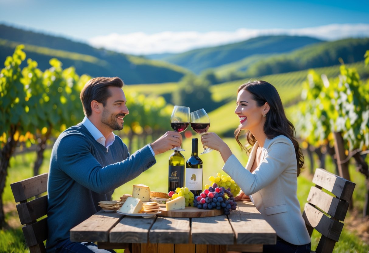 A couple enjoying wine tasting outdoors at a vineyard with wine glasses, a cheese platter, and rolling hills in the background.