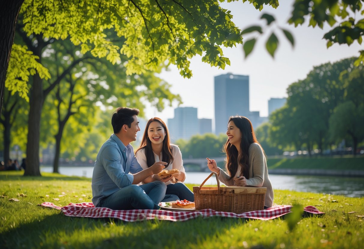 A young couple enjoying a picnic together in a green park with city buildings visible in the background.