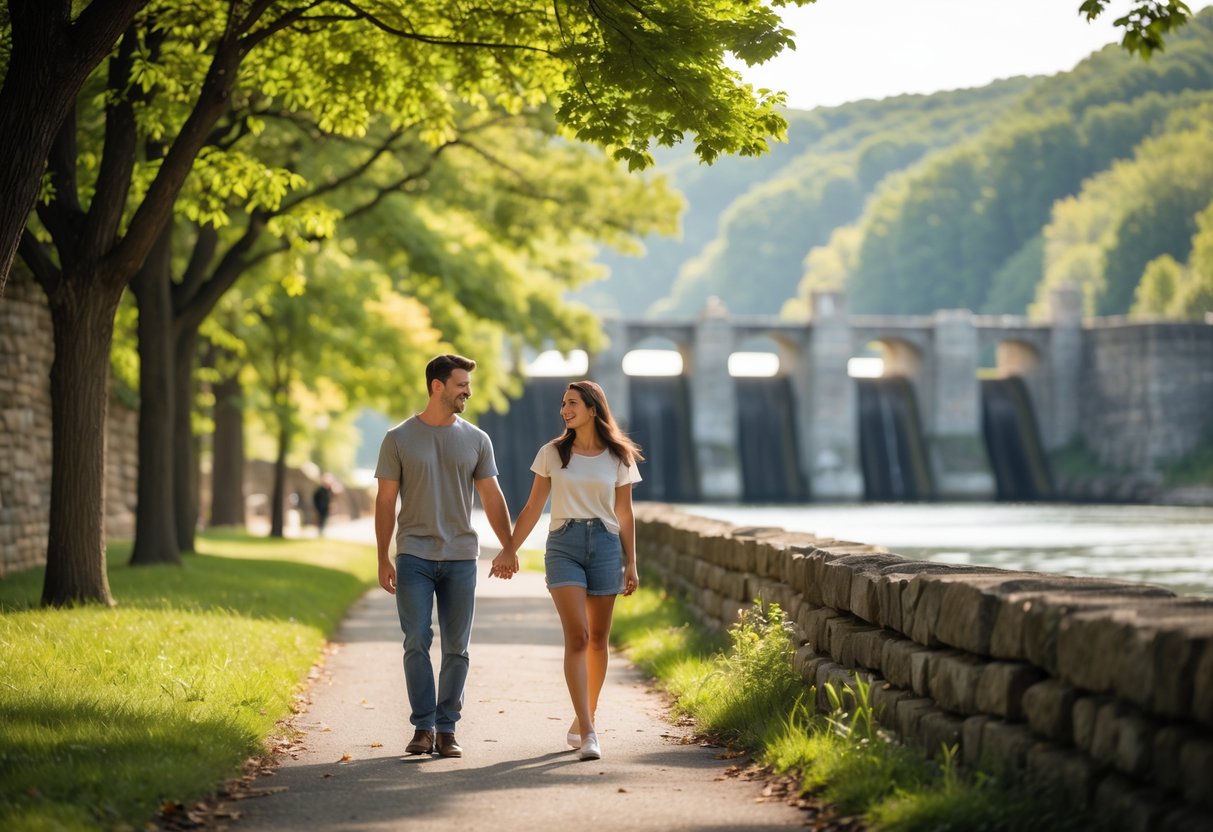 A young couple walking hand-in-hand along a tree-lined path near historic stone structures and a river at the Johnstown Flood National Memorial.