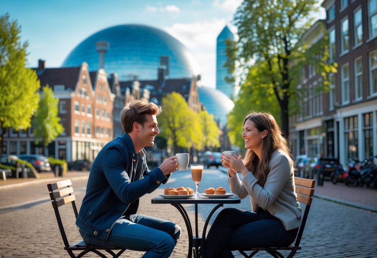 A young couple sitting at an outdoor café table near the Evoluon building in Eindhoven, enjoying coffee and pastries on a sunny day.