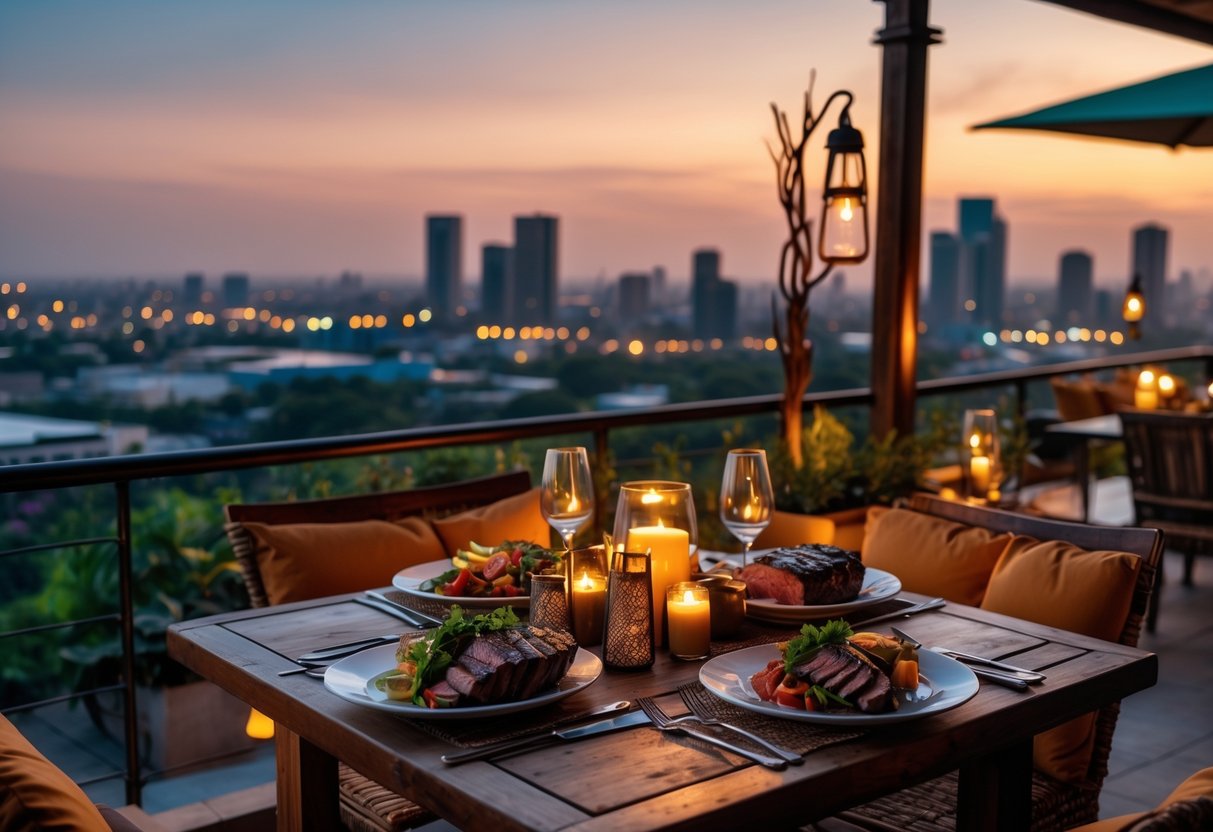 A romantic outdoor dinner for two at a restaurant terrace overlooking the Nairobi city skyline at sunset.