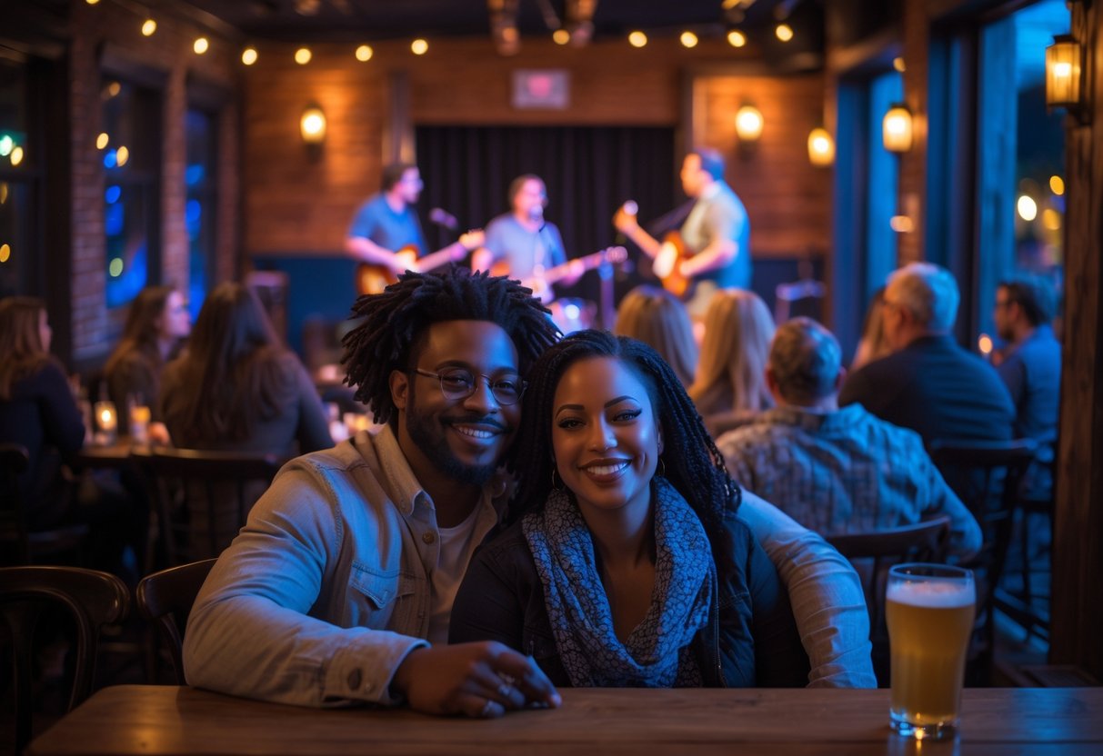 A couple enjoying live music at a local venue with a band performing on stage and people seated nearby.