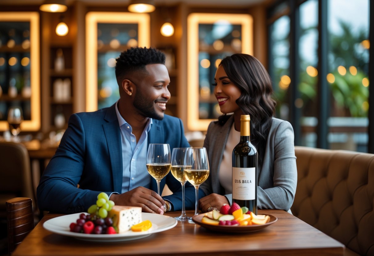 A couple enjoying a wine tasting at a cozy restaurant table with wine glasses and a cheese platter.
