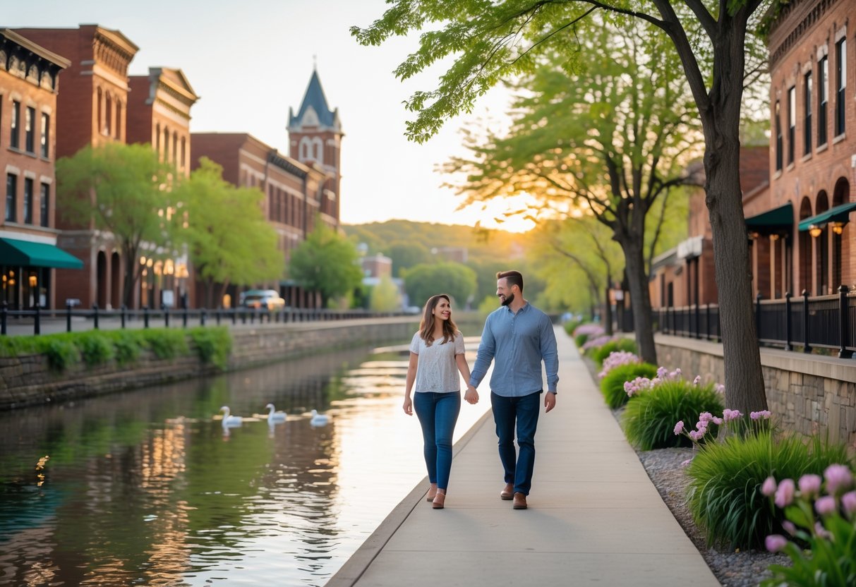 A couple walking along a river near historic brick buildings surrounded by trees and flowers.