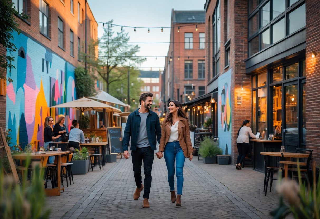 A young couple walking hand in hand through a lively urban creative district with colorful murals and outdoor cafés.