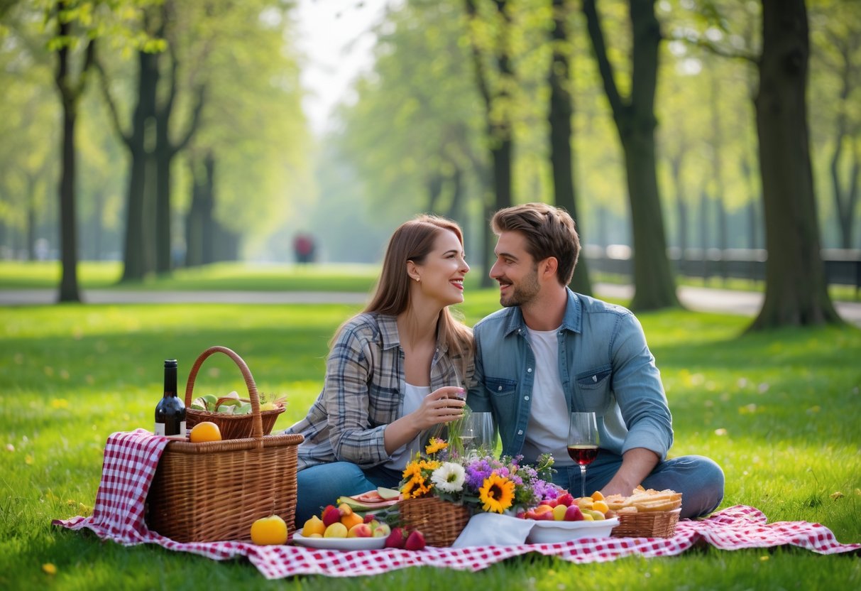 A young couple enjoying a picnic on a blanket in a green park with trees and a walking path.
