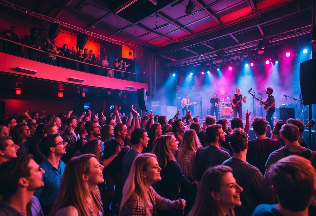 A crowd of people enjoying a live music concert indoors with colorful stage lights and a band performing on stage.