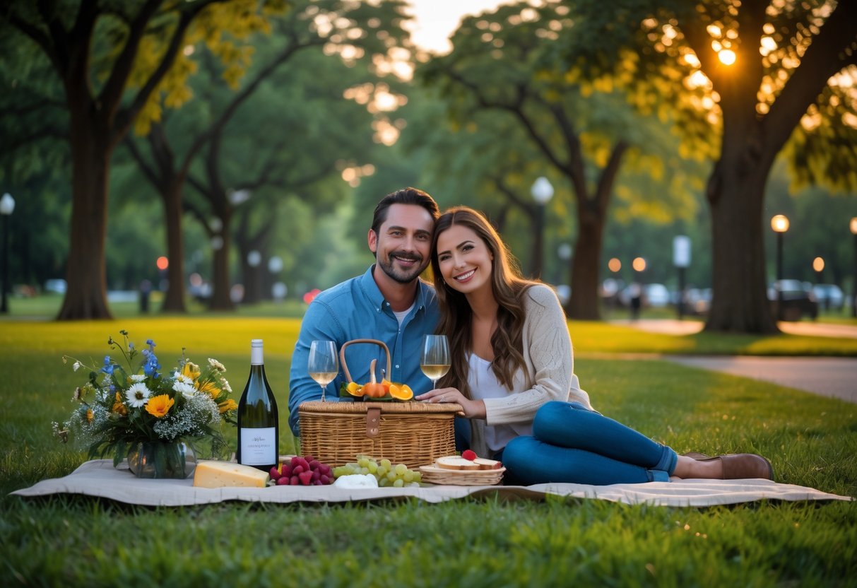 A couple enjoying a picnic together on a blanket in a green park with trees and soft evening light.
