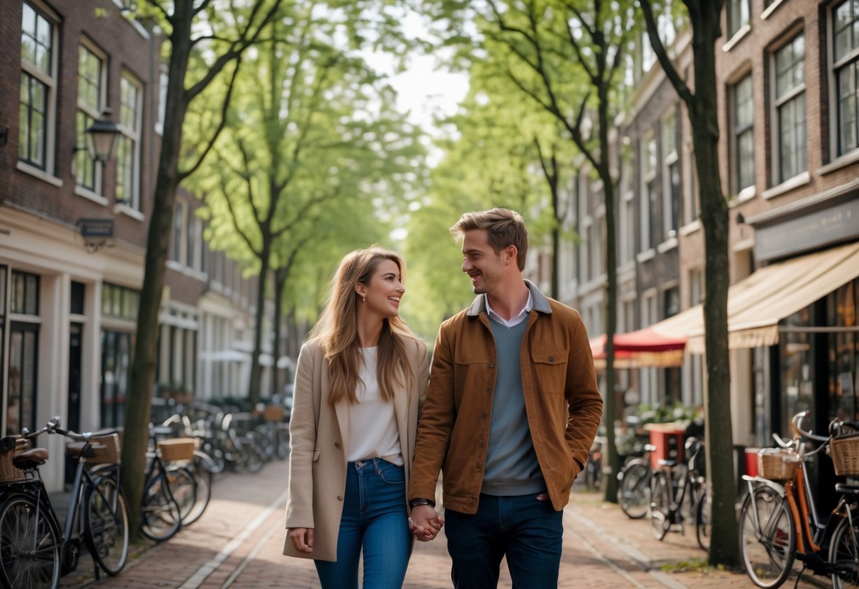 A young couple walking hand in hand along a charming street with cafes and brick buildings in Eindhoven.