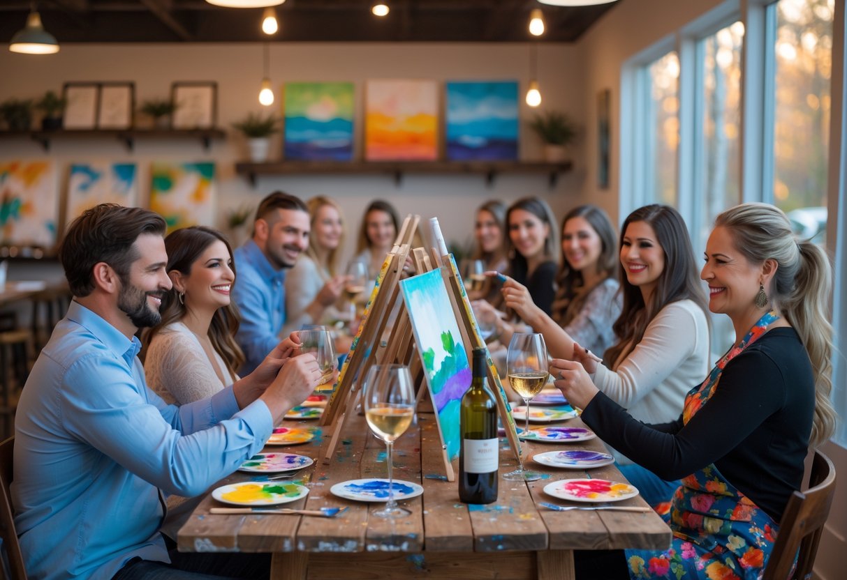 Couples painting on canvases together around a table with wine glasses in an art studio.