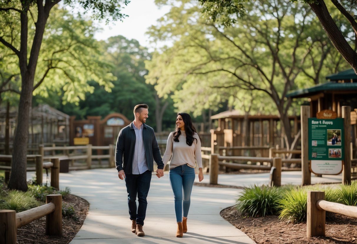 A couple walking hand in hand along a path at a zoo surrounded by trees and animal enclosures.