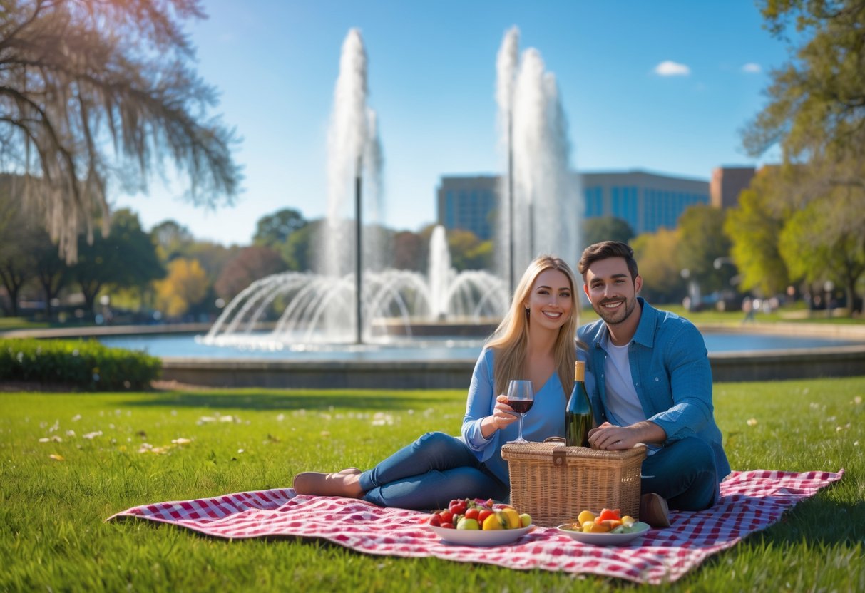 A young couple enjoying a picnic on a blanket near Freedom Fountain in a sunny park setting.