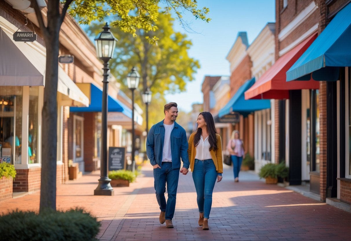 A young couple walking hand-in-hand along a tree-lined street with local shops in downtown Jacksonville, North Carolina.
