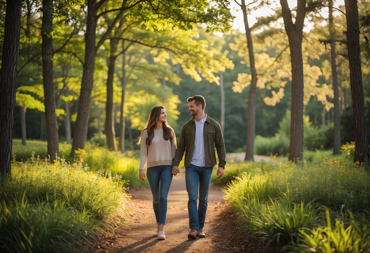 A couple walking hand-in-hand on a forest trail surrounded by green trees and sunlight.