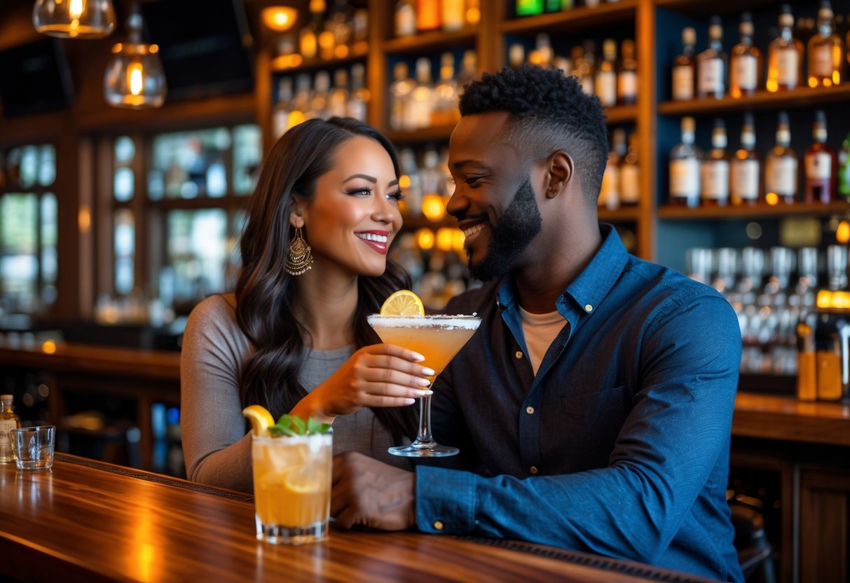A man and woman enjoying craft cocktails together at a local bar.