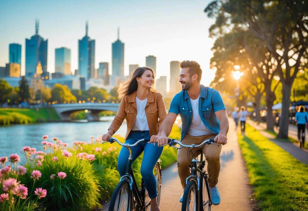 A smiling couple riding bicycles together along a riverside path with Melbourne city skyline in the background.