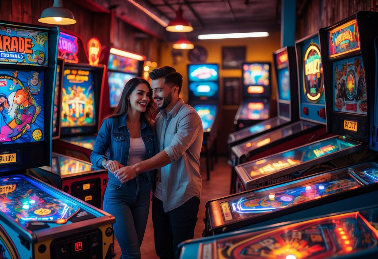 A young couple playing pinball machines inside a vintage arcade with colorful lights and retro decor.
