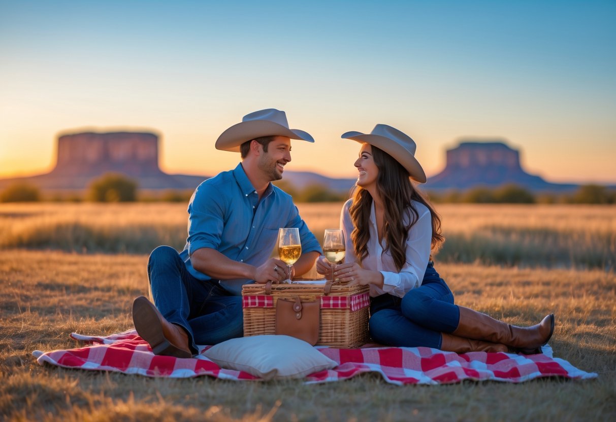 A couple enjoying a picnic together outdoors in Amarillo, Texas, with open fields and a clear sky in the background.