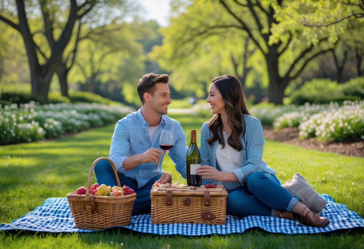 A young couple enjoying a picnic on a blanket in a green park surrounded by trees and flowers.