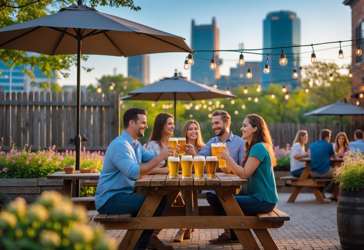 Couples enjoying drinks and conversation at an outdoor beer garden in Milwaukee with greenery and city skyline in the background.