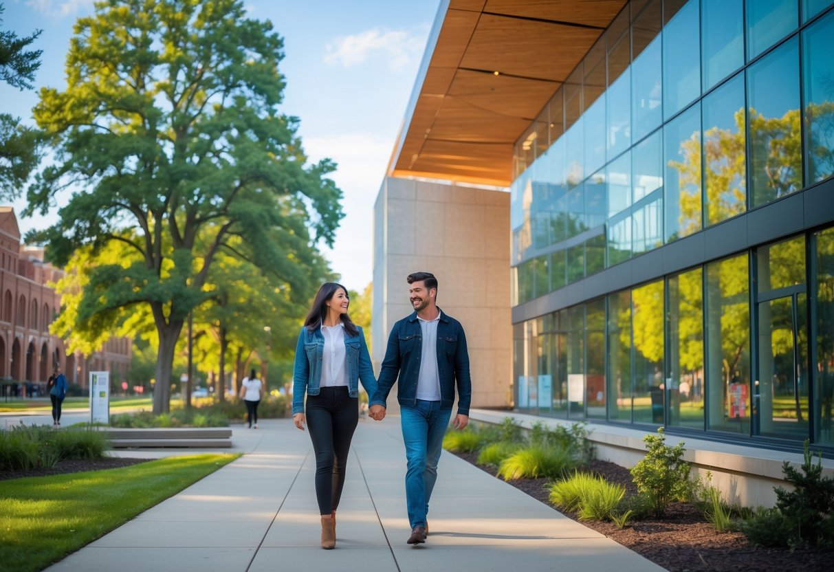 A young couple walking hand in hand outside the University of Michigan Museum of Art on a sunny day.