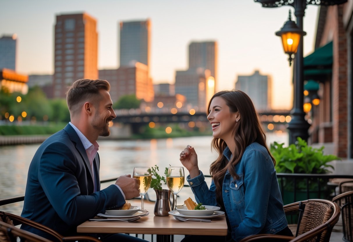 A couple sitting at an outdoor café table by the Milwaukee Riverwalk, enjoying a date with the city skyline in the background.
