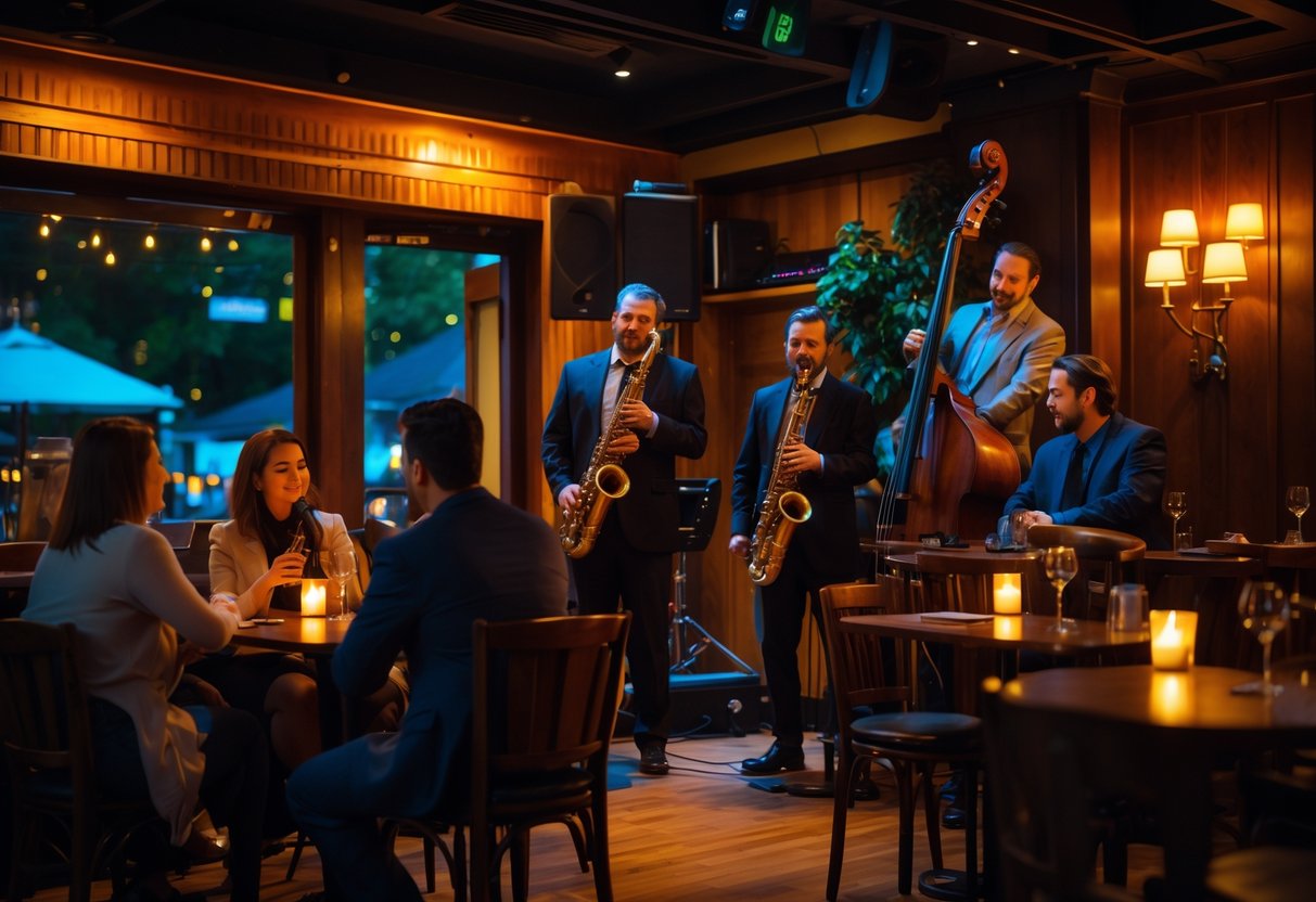 Couples enjoying live jazz music at a cozy club with musicians playing on a small stage.