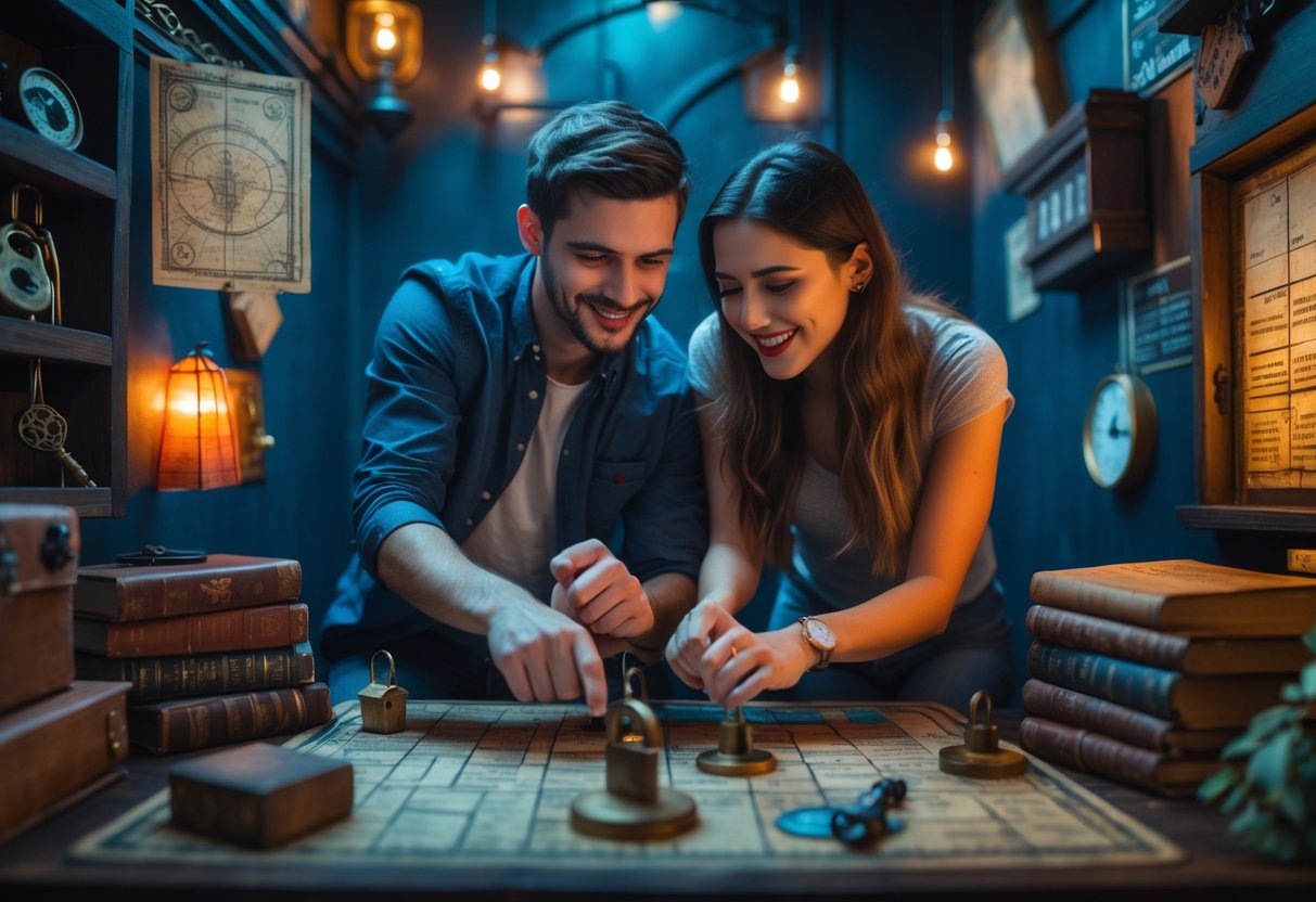 A young couple working together to solve puzzles in an escape room filled with clues and mysterious objects.