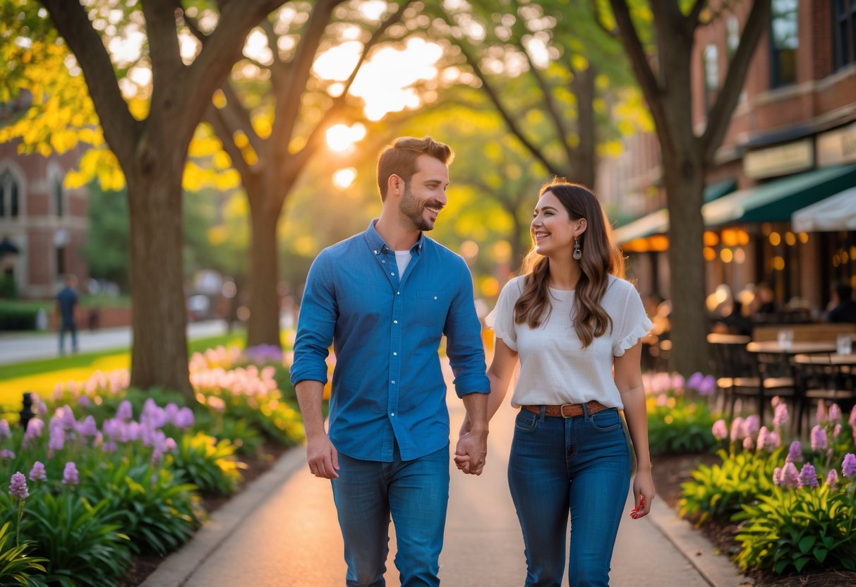 A couple walking hand-in-hand on a tree-lined path in a park with greenery and buildings in the background.