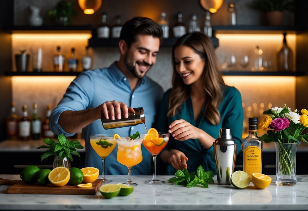 A couple making homemade cocktails together in a warmly lit kitchen with fresh ingredients and cocktail tools on the counter.