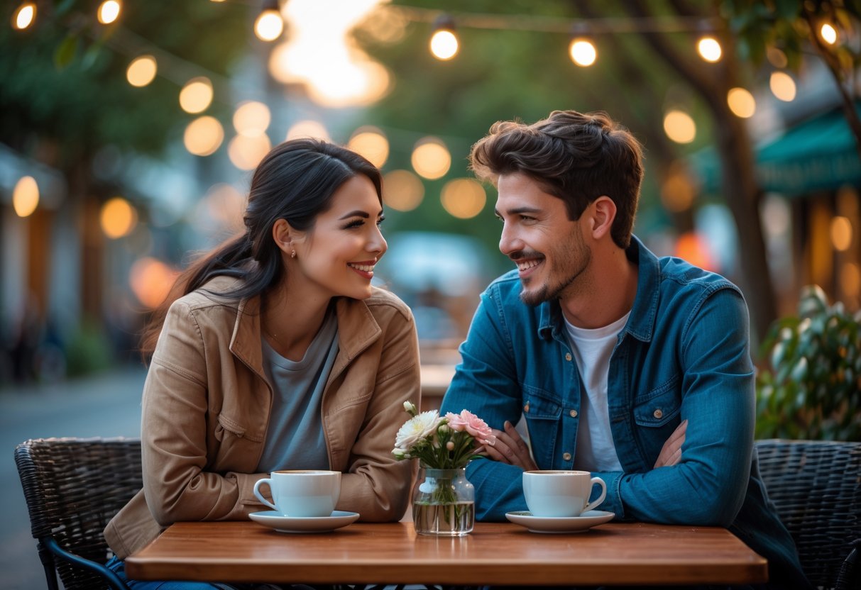 A young couple smiling and talking at a café table outdoors during early evening.