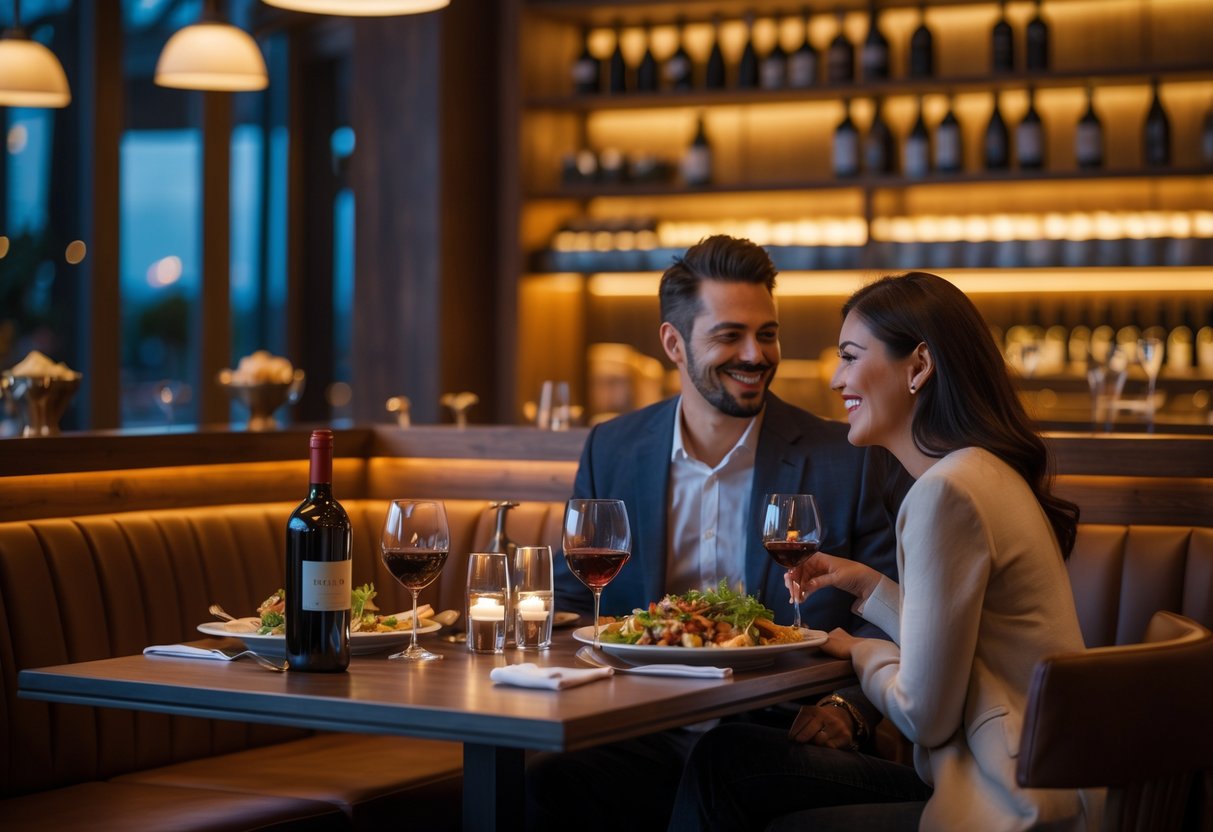 A couple enjoying a romantic dinner at a cozy table in a stylish restaurant with wine and gourmet food.