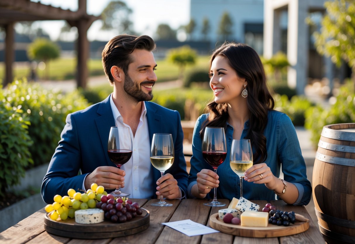 Couple enjoying a wine tasting outdoors at a winery with wine glasses, cheese platter, and greenery around them.