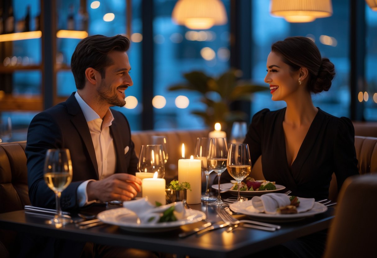 A couple enjoying a romantic dinner together at a stylish restaurant table with warm lighting.