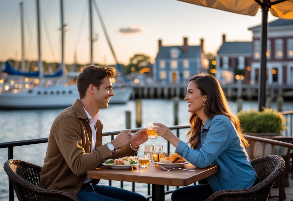 A young couple sitting at an outdoor café table by the Annapolis waterfront with sailboats and historic buildings in the background, enjoying a meal together.