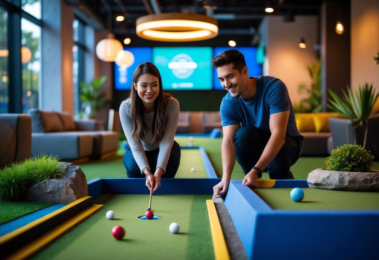 A young couple playing mini golf indoors, smiling and enjoying their game in a cozy and colorful setting.