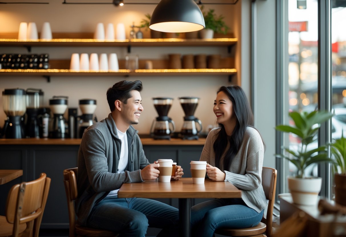 A young couple sitting at a small table in a coffee shop, smiling and holding coffee cups.