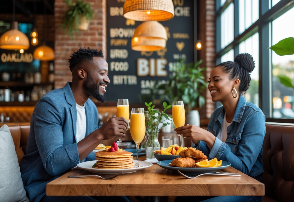 A couple enjoying brunch with pancakes, fried chicken, and mimosas at a cozy restaurant in Oakland.