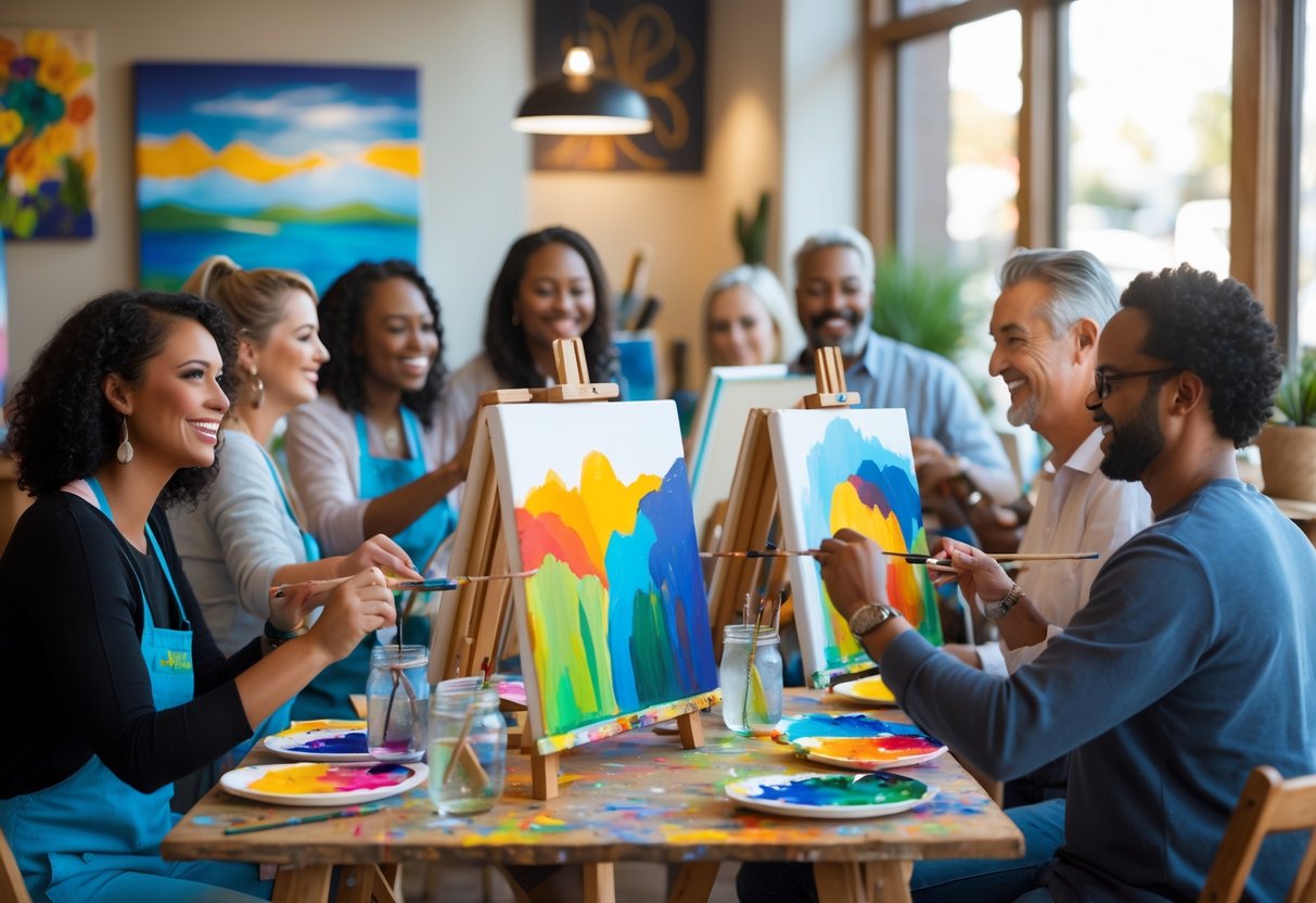 A group of adults painting together in a bright art studio, smiling and enjoying a creative activity.